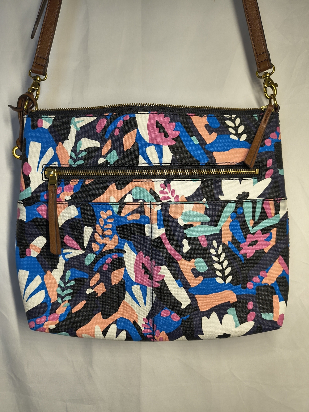 Fossil Fiona Small Crossbody Bag in a multi-color floral print pattern